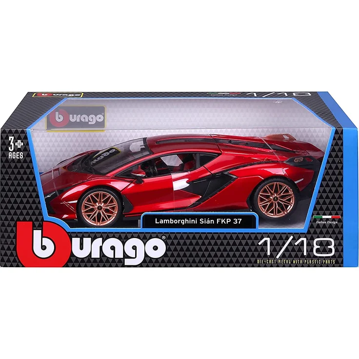 Bburago Lamborghini Sian FKP 37: Modellauto im Maßstab 1:18, Türen, Kofferraum und Motorhaube beweglich, lenkbar, 26 cm, rot (18-11046R), Farbig – Bild 7