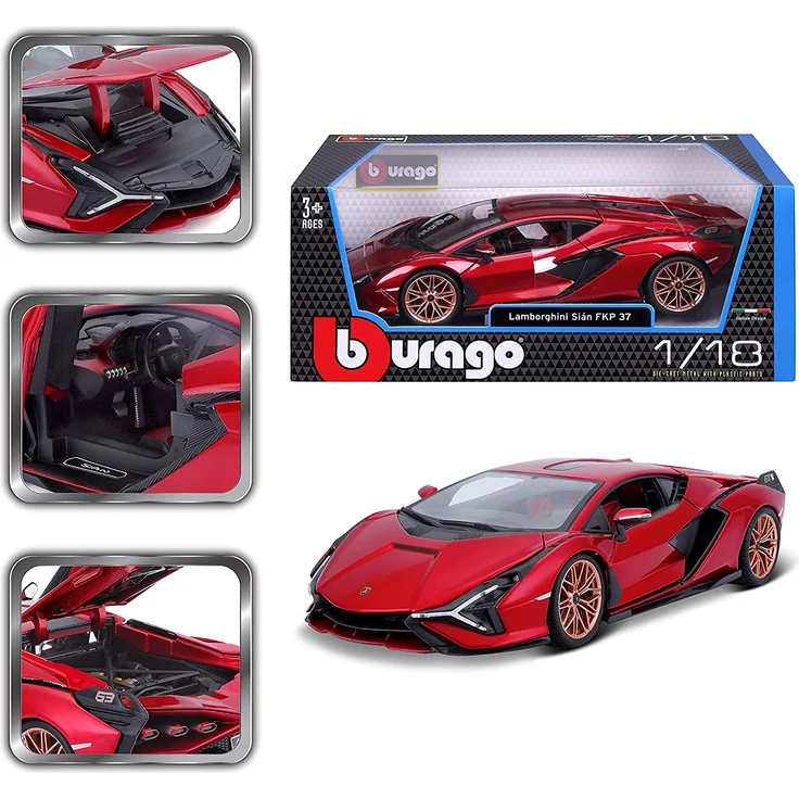 Bburago Lamborghini Sian FKP 37: Modellauto im Maßstab 1:18, Türen, Kofferraum und Motorhaube beweglich, lenkbar, 26 cm, rot (18-11046R), Farbig – Bild 10