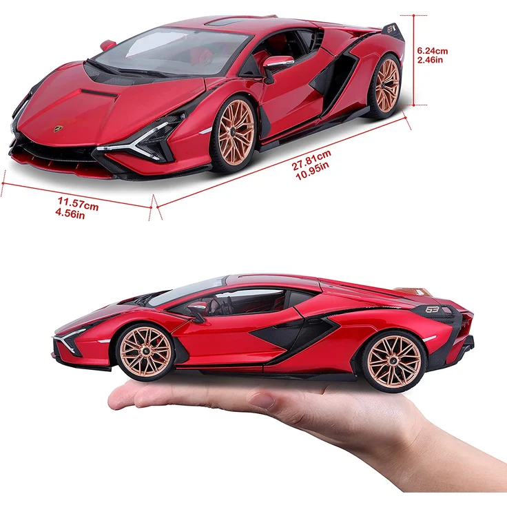 Bburago Lamborghini Sian FKP 37: Modellauto im Maßstab 1:18, Türen, Kofferraum und Motorhaube beweglich, lenkbar, 26 cm, rot (18-11046R), Farbig – Bild 6