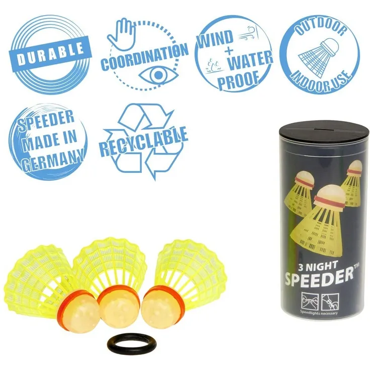 Speedminton NIGHT Speeder - 3er Pack leuchtende Speed Badminton/Crossminton Bälle inkl. Windring