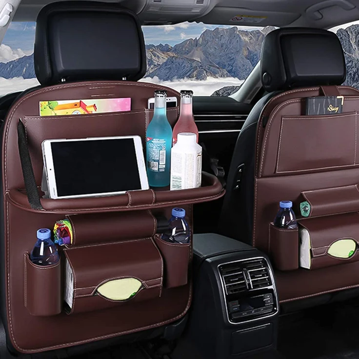 Ergocar Auto Organizer Rückenlehnenschutz Luxus Autositzschutz aus PU-Leder mit faltbarem Tablethalter wasserdicht Rückenlehnenschutz Rückenlehnen-Tasche für Kinder (Mokka - 2 Pack) – Bild 2