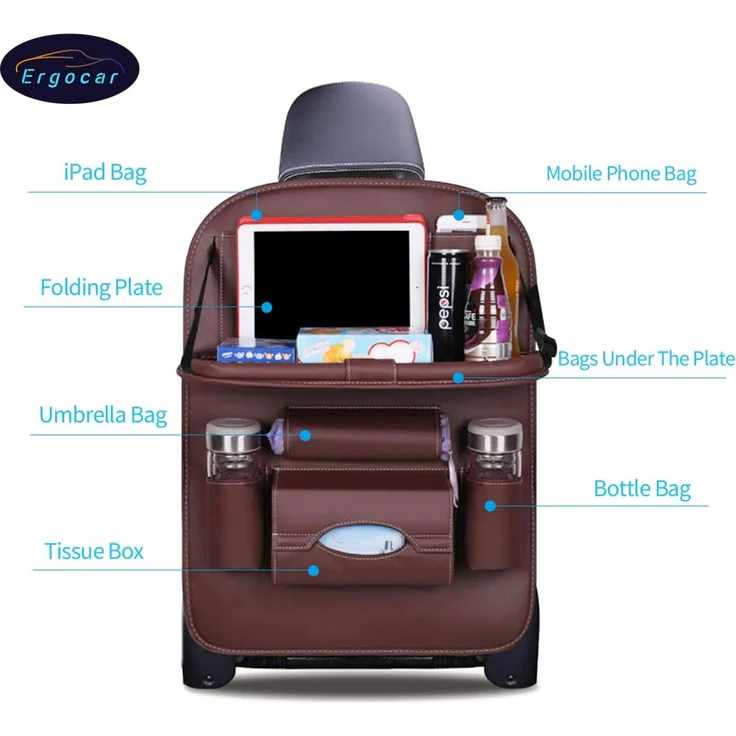 Ergocar Auto Organizer Rückenlehnenschutz Luxus Autositzschutz aus PU-Leder mit faltbarem Tablethalter wasserdicht Rückenlehnenschutz Rückenlehnen-Tasche für Kinder (Mokka - 2 Pack) – Bild 6