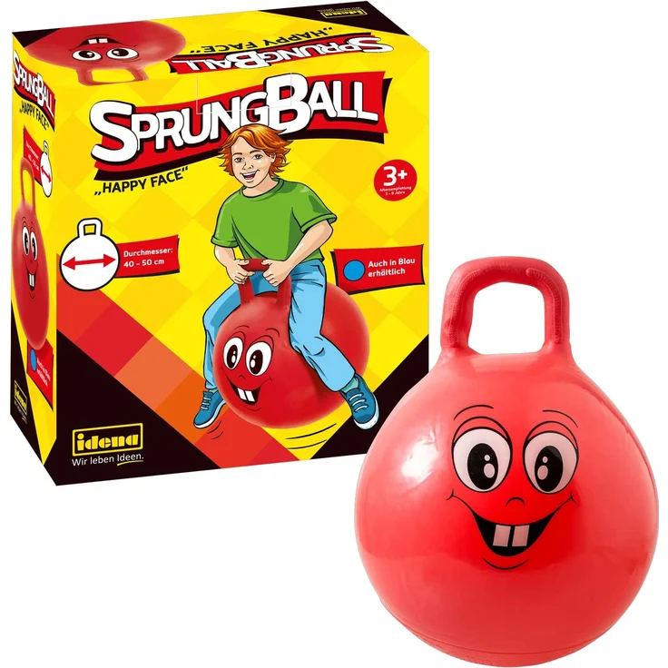 Idena 40093 - Sprungball Happy Face in rot, Durchmesser ca. 45 - 50 cm, belastbar bis 50 kg, ideal für Sommer, Park oder Kindergarten – Bild 1