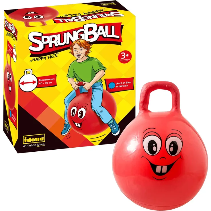 Idena 40093 - Sprungball Happy Face in rot, Durchmesser ca. 45 - 50 cm, belastbar bis 50 kg, ideal für Sommer, Park oder Kindergarten