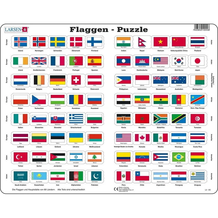 Larsen L2 Flaggen-Puzzle, Deutsch Ausgabe, Rahmenpuzzle mit 80 Teilen