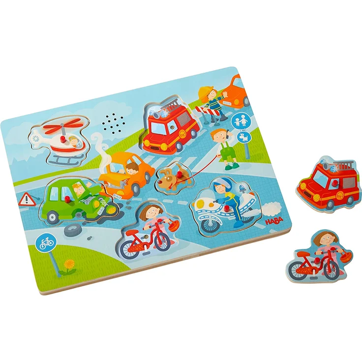 HABA 303180 - Sound-Greifpuzzle In der Stadt | Kinderpuzzle ab 2 Jahren mit spannenden Stadtmotiven | Typische Stadtgeräusche sorgen für extra Spaß – Bild 1