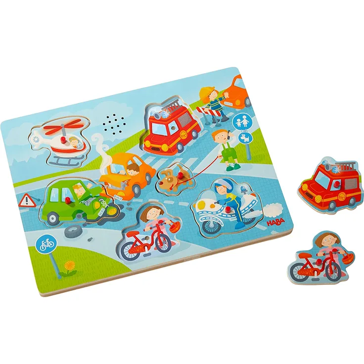 HABA 303180 - Sound-Greifpuzzle In der Stadt | Kinderpuzzle ab 2 Jahren mit spannenden Stadtmotiven | Typische Stadtgeräusche sorgen für extra Spaß