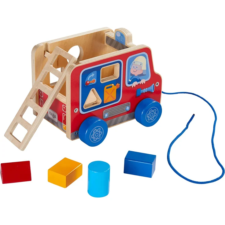 HABA 304317 - Ziehfigur Feuerwehrauto, Nachziehspielzeug für Kinder ab 12 Monaten, animiert zum Laufenlernen, mit Bausteinen zum Stecken – Bild 2