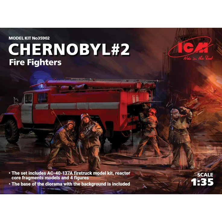 ICM 35902 Chernobyl2. Fire Fighters(AC-40-137A firetruck&4figur&diora base w. backgrou