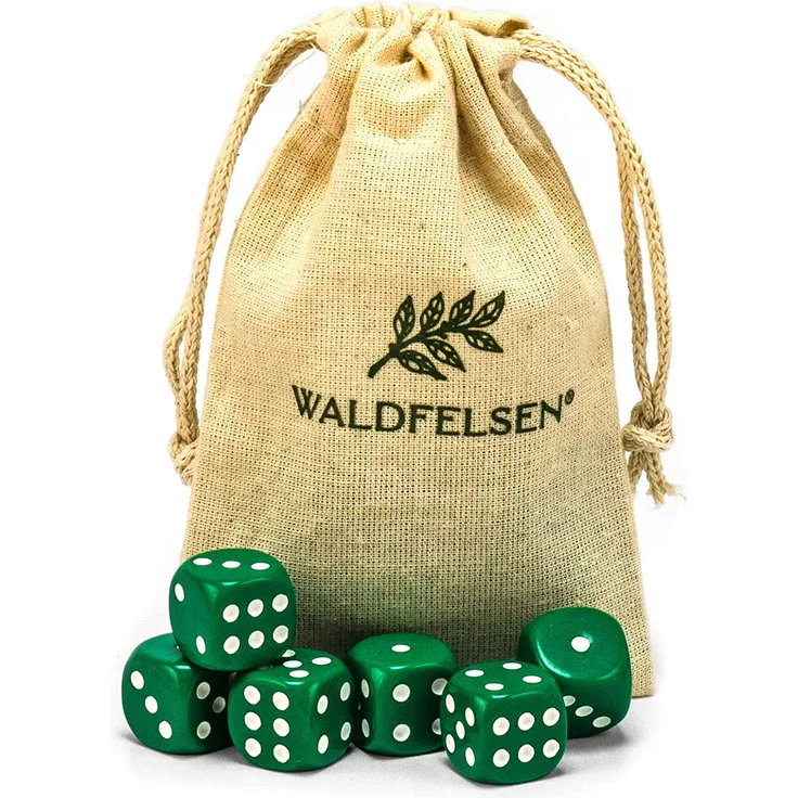 6,12, 20, 30 oder 50 hochqualitative Würfel von Waldfelsen® Standardgröße 16 mm Acrylwürfel Knobel Spielwürfel Dice 6-seitig sechsseitig Spielzubehör Set mit Stoffbeutel (Grün, 6 Stück)