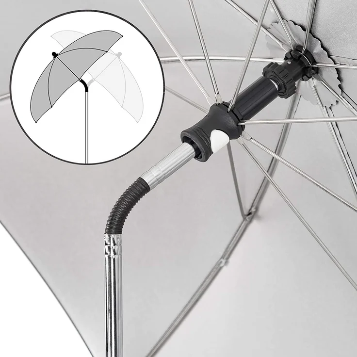 Zamboo Universal Sonnenschirm Sonnenschutz für Kinderwagen & Buggy - UV Schutz 50+ / 73 cm Durchmesser - Biegsamer Schirm mit Universalhalterung für Rund- und Ovalrohre - Schwarz – Bild 2