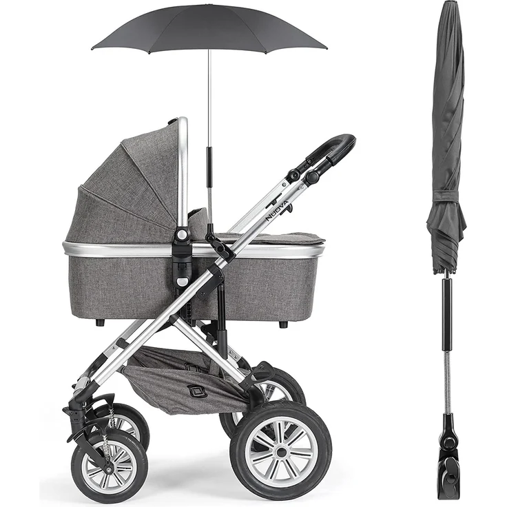 Zamboo Universal Sonnenschirm Sonnenschutz für Kinderwagen & Buggy - UV Schutz 50+ / 73 cm Durchmesser - Biegsamer Schirm mit Universalhalterung für Rund- und Ovalrohre - Schwarz – Bild 5