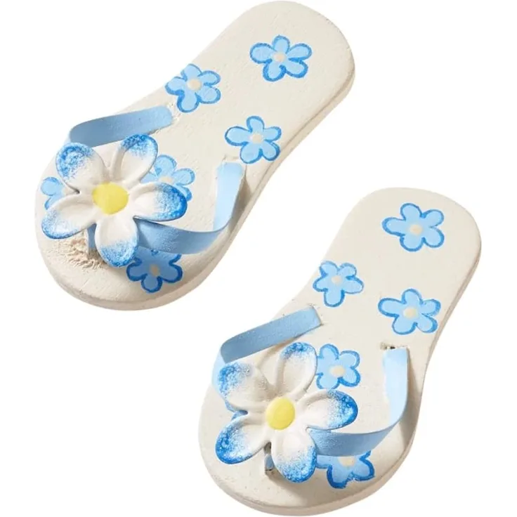 Flip-Flops 4,5 cm, blau mit Blume, holz-metall