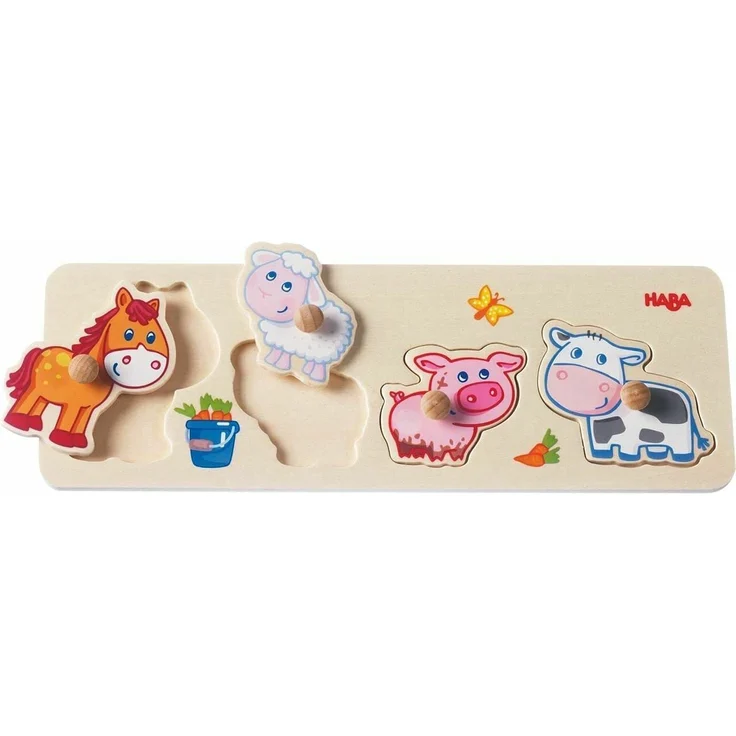 HABA 301939 - Greifpuzzle Bauernhof-Tierkinder, 4-teiliges Holzpuzzle mit Tiermotiven und großen Holzknöpfen zum Greifen, Holzspielzeug ab 12 Monaten - Preisvergleich – Bild 1