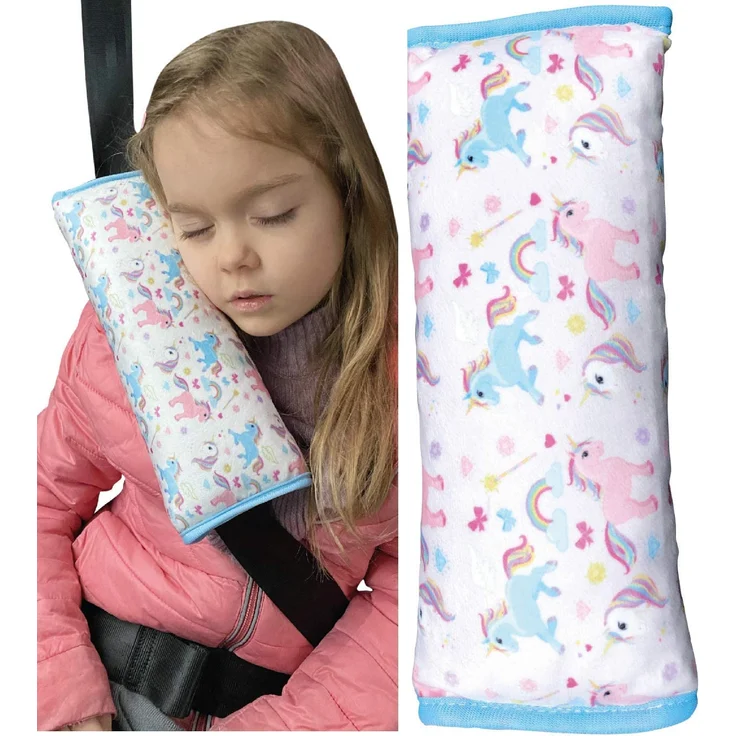 HECKBO Auto Schlafkissen Einhorn Motiv für Kinder Mädchen Jungen - maschinenwaschbar – kuschelweich - Auto Gurtkissen, Gurtschoner, Gurtschutz Sitzerhöhung, Auto Kissen, Reisekissen, Urlaub – Bild 1