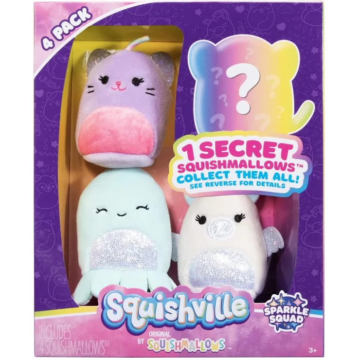 Squishville SQM0327 - 4er Pack Glitzer Squad, superweiche Mini-Squishmallows, 5cm Plüschfiguren, zufällige Auswahl