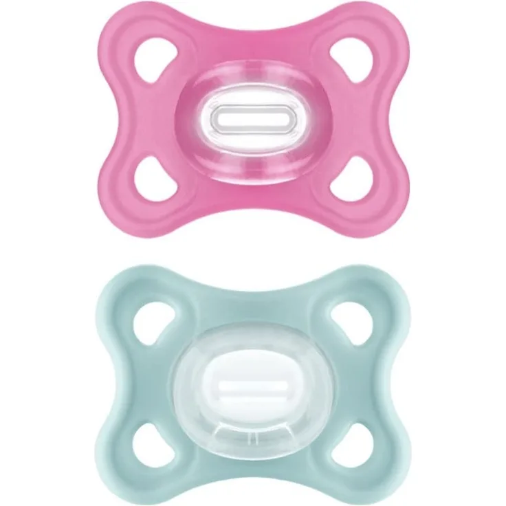 MAM Comfort Schnuller im 2er-Set, 100% Silikon, mit Schnullertasche, 2-6 Monate, rosa und grau-grün