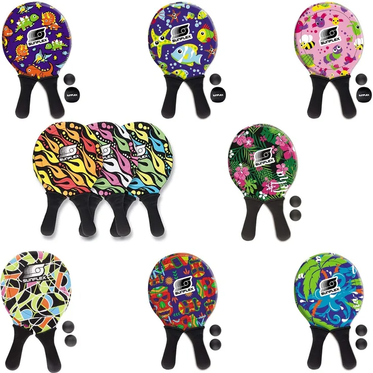 Sunflex Neopren Beachball Set Tropical Tiki mit Zwei Schlägern und Zwei Bällen|weich und leicht|extrem robust und wasserfest