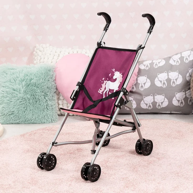 Bayer Design 30537AA Puppenbuggy, Puppenwagen mit integrierten Sicherheitsgurt, leicht faltbar, klappbar, pink, rosa, Einhornmotiv – Bild 2