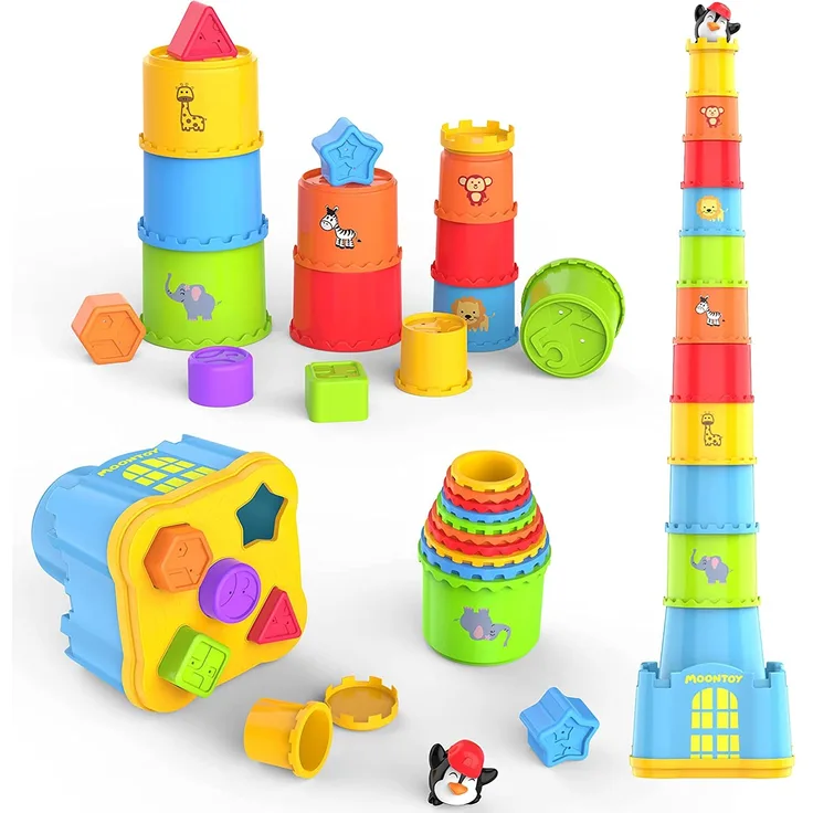 MOONTOY Stapelbecher Baby, Stapelturm Baby,Stapelwürfel ab 12 + Monate kinderspielzeug,Montessori Spielzeug ab 1-6 Jahr, Badewannen und Sandspielzeug für drinnen, draußen, Lernspielzeug Geschenk