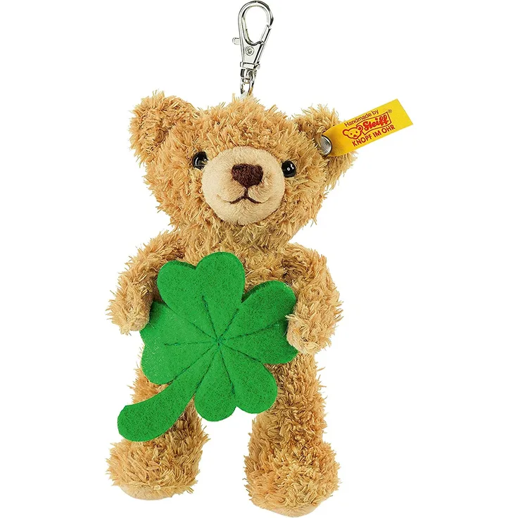 Steiff Schlüsselanhänger Teddybär Glücksbringer - 12 cm - Teddy mit Kleeblatt - weich & waschbar - goldbraun (111877)