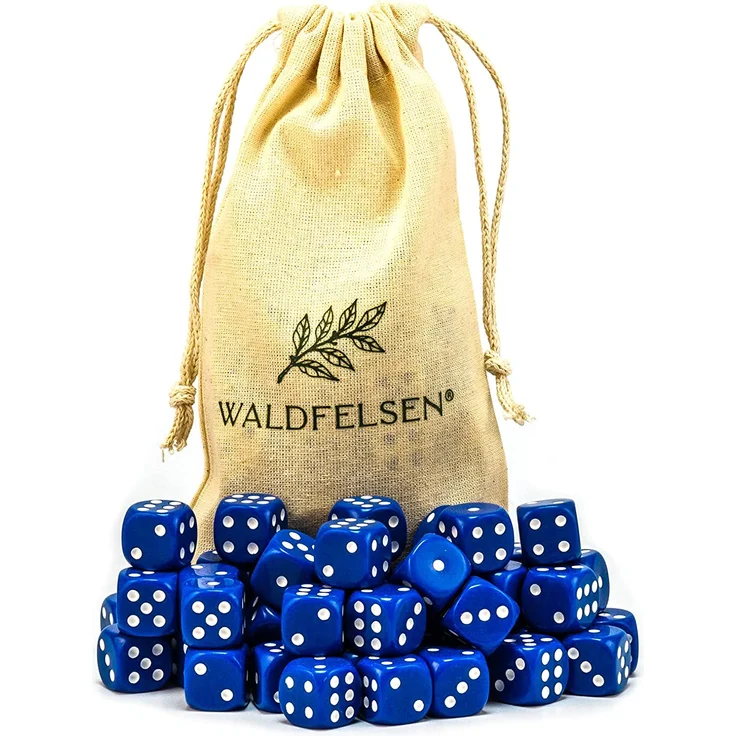 6,12, 20, 30 oder 50 hochqualitative Würfel von Waldfelsen® Standardgröße 16 mm Acrylwürfel Knobel Spielwürfel Dice 6-seitig sechsseitig Spielzubehör Set mit Stoffbeutel (Blau, 50 Stück) – Bild 1