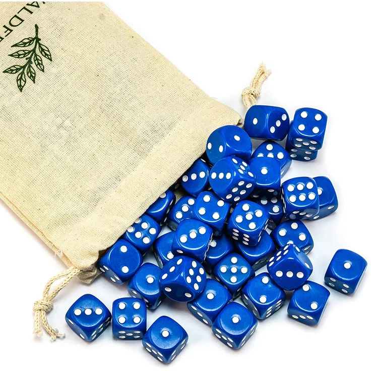 6,12, 20, 30 oder 50 hochqualitative Würfel von Waldfelsen® Standardgröße 16 mm Acrylwürfel Knobel Spielwürfel Dice 6-seitig sechsseitig Spielzubehör Set mit Stoffbeutel (Blau, 50 Stück) – Bild 2