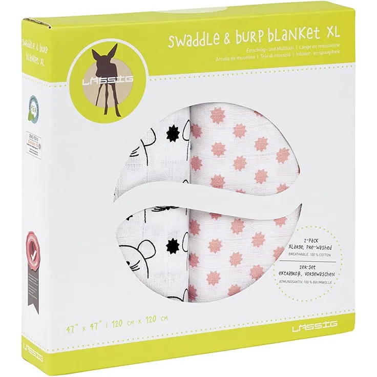 LÄSSIG 'Swaddle & Burp Blanket XL' 2-er Pack Pucktücher Little Chums Mouse, rosa