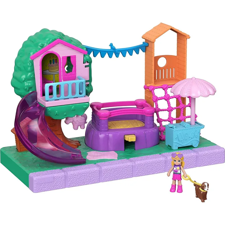 Polly Pocket GTM67 - Pollyville Spielplatz-Abenteuer, kleine Polly Puppe, Baumhaus, Rutsche, Hüpfburg, Klettergerüst, Eiswagen, Peaches-Figur und mehr, Spielzeug Geschenk für Kinder ab 4 Jahren
