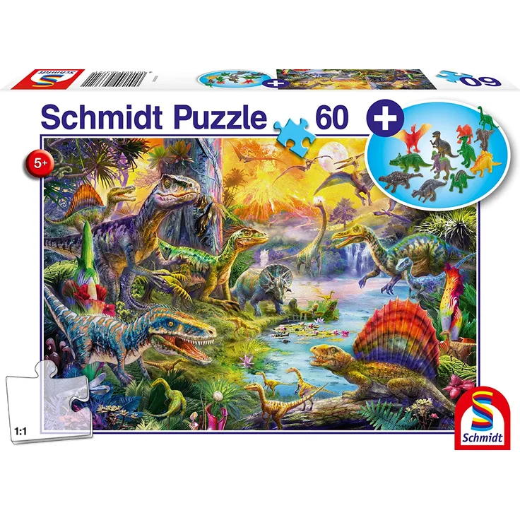 Schmidt Spiele 56372, 60 Teile Kinderpuzzle, mit Dinosaurier-Figuren-Set