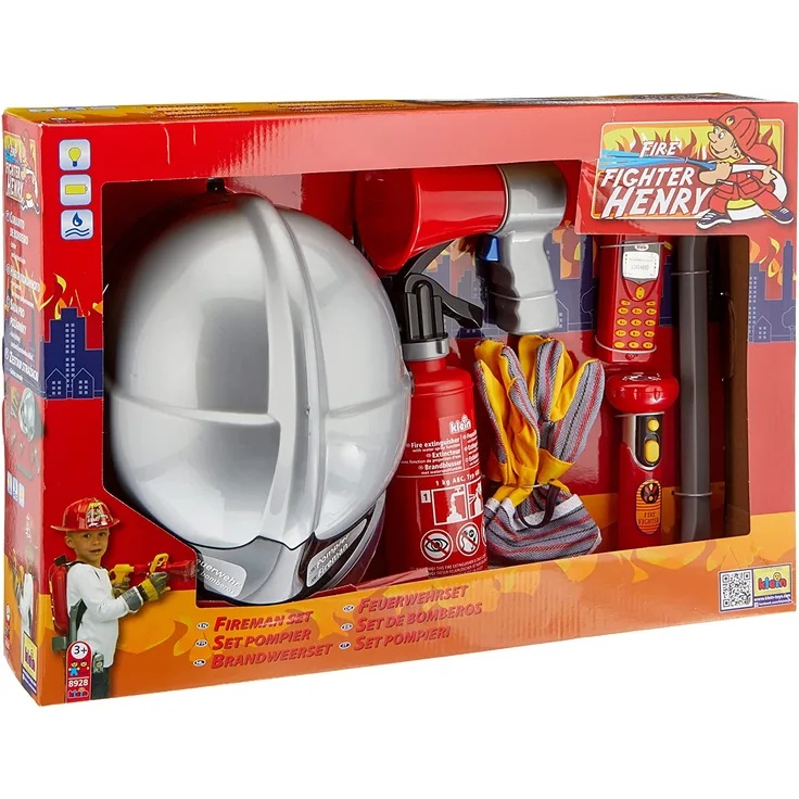 Theo Klein 8928 Feuerwehr 7-teiliges Set mit Helm, Taschenlampe und vielem mehr I Feuerlöscher mit Spritzfunktion I Verpackungsmaße: 52,4 cm x 35 cm x 20 cm I Spielzeug für Kinder ab 3 Jahren