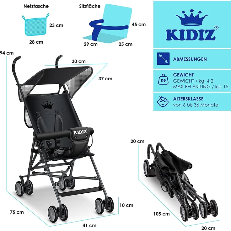 KIDIZ® Kinderwagen CITY Buggy Kinderbuggy klappbar Liegebuggy Sportwagen Faltbar 360° 4-Zoll-Räder Inkl. Sonnen- und Regenverdeck zusammenklappbar 5-Punkt-Sicherheitsgurt ab 6 Monate Schwarz – Bild 8