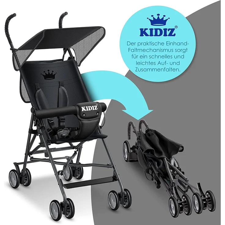 KIDIZ® Kinderwagen CITY Buggy Kinderbuggy klappbar Liegebuggy Sportwagen Faltbar 360° 4-Zoll-Räder Inkl. Sonnen- und Regenverdeck zusammenklappbar 5-Punkt-Sicherheitsgurt ab 6 Monate Schwarz – Bild 6