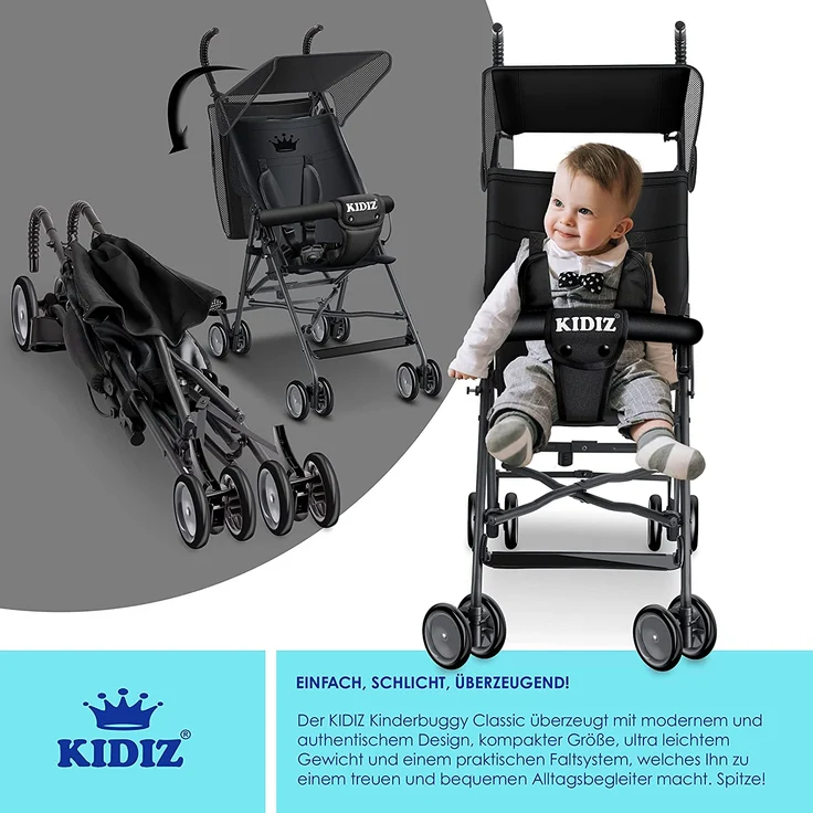 KIDIZ® Kinderwagen CITY Buggy Kinderbuggy klappbar Liegebuggy Sportwagen Faltbar 360° 4-Zoll-Räder Inkl. Sonnen- und Regenverdeck zusammenklappbar 5-Punkt-Sicherheitsgurt ab 6 Monate Schwarz – Bild 3