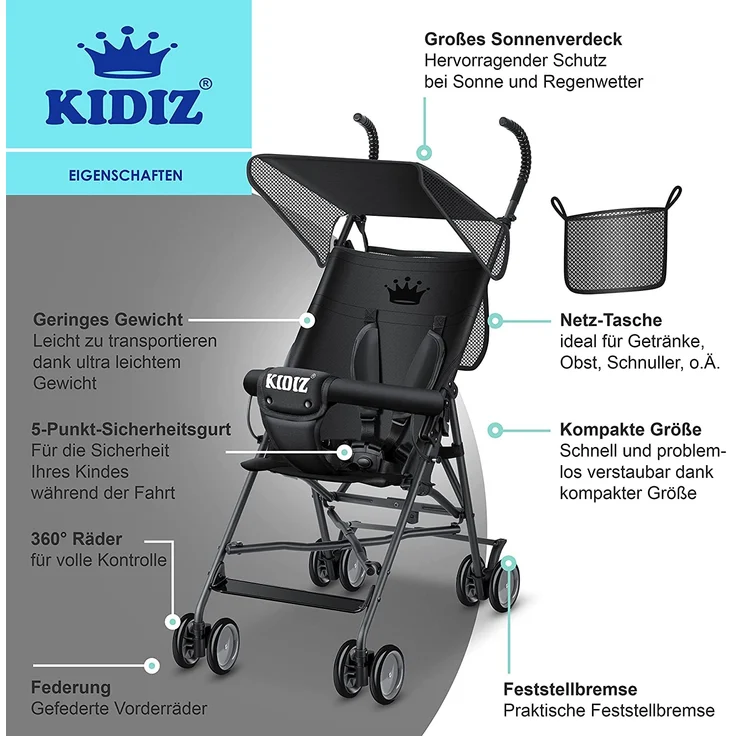 KIDIZ® Kinderwagen CITY Buggy Kinderbuggy klappbar Liegebuggy Sportwagen Faltbar 360° 4-Zoll-Räder Inkl. Sonnen- und Regenverdeck zusammenklappbar 5-Punkt-Sicherheitsgurt ab 6 Monate Schwarz – Bild 2