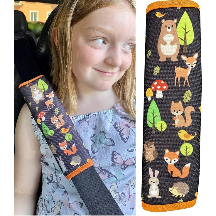 HECKBO® 1x Auto Gurtschutz mit Waldtiere Motiv - Sicherheitsgurt Schulterpolster Schulterkissen Gurtschoner Autositze Gurtpolster für Kinder, Mädchen; Jungen - Schutz vor Gurt Einschneiden
