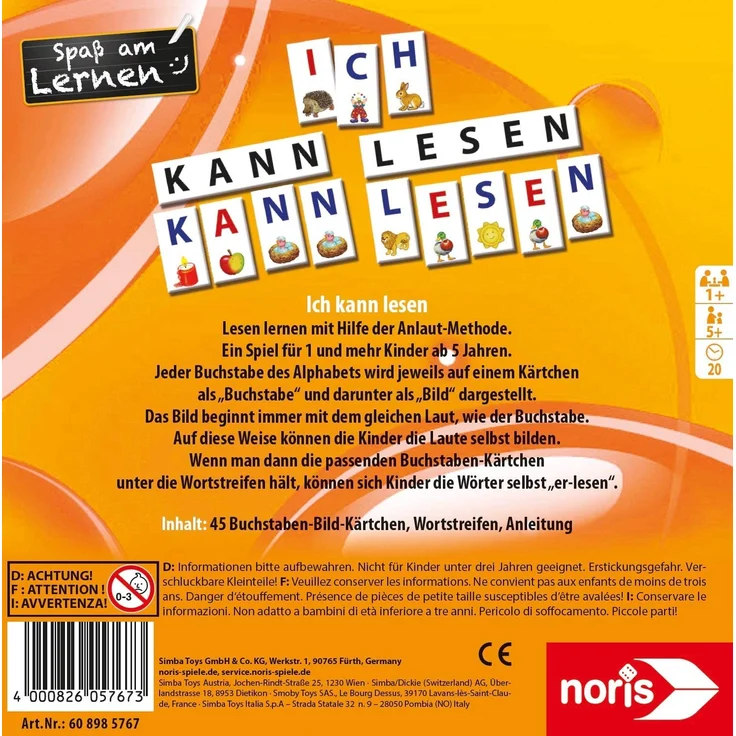 noris 608985767 Spaß am Lernen, Ich kann lesen mit Hilfe der Anlaut-Methode inklusive 45 Buchstaben-Bild-Kärtchen und Wortstreifen, ab 5 Jahren – Bild 2