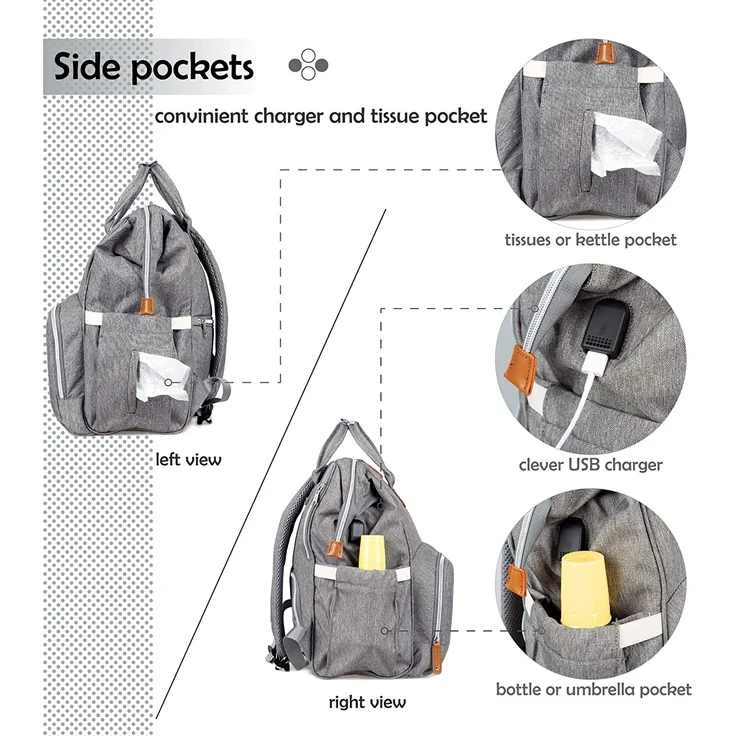 NEVEQ Baby Wickelrucksack, Babytasche für Reise, Wickeltasche Große Kapazität, Multifach Reise Rucksack Wasserdicht Fächer Babyflaschehälter (Grau und Braun) – Bild 4