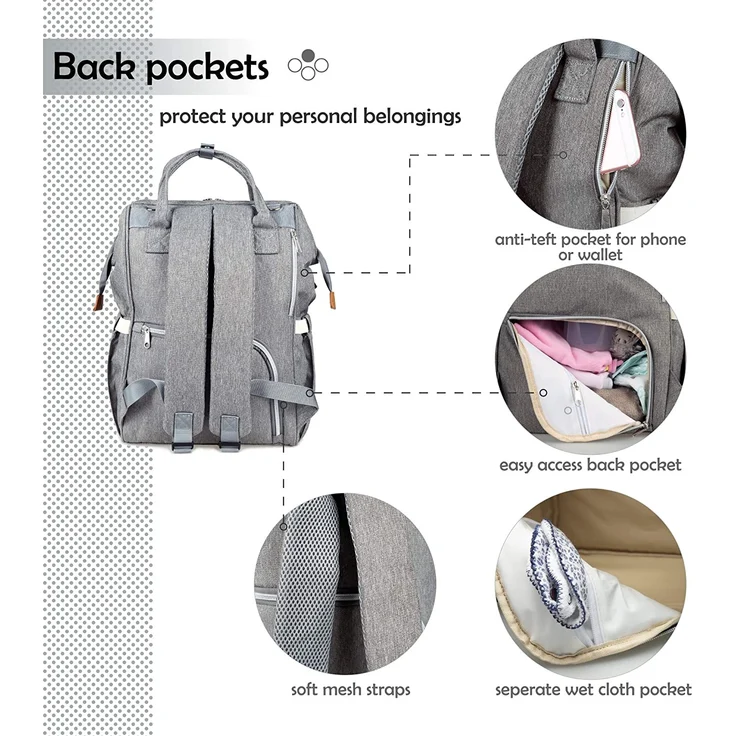 NEVEQ Baby Wickelrucksack, Babytasche für Reise, Wickeltasche Große Kapazität, Multifach Reise Rucksack Wasserdicht Fächer Babyflaschehälter (Grau und Braun) – Bild 5