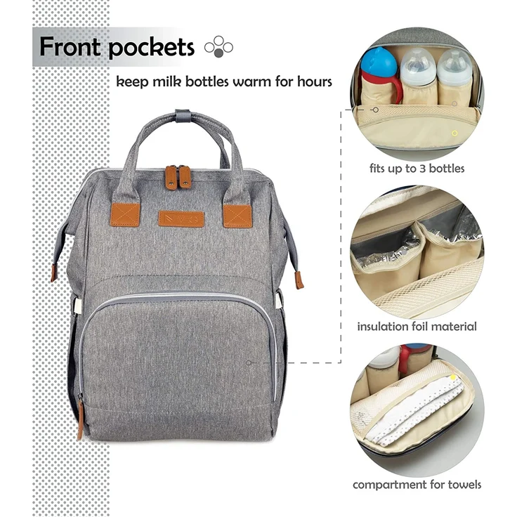 NEVEQ Baby Wickelrucksack, Babytasche für Reise, Wickeltasche Große Kapazität, Multifach Reise Rucksack Wasserdicht Fächer Babyflaschehälter (Grau und Braun) – Bild 3