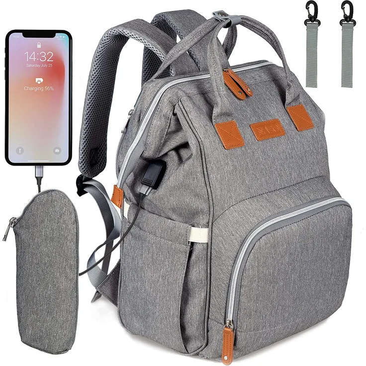 NEVEQ Baby Wickelrucksack, Babytasche für Reise, Wickeltasche Große Kapazität, Multifach Reise Rucksack Wasserdicht Fächer Babyflaschehälter (Grau und Braun)
