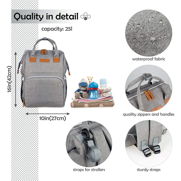 NEVEQ Baby Wickelrucksack, Babytasche für Reise, Wickeltasche Große Kapazität, Multifach Reise Rucksack Wasserdicht Fächer Babyflaschehälter (Grau und Braun) – Bild 6