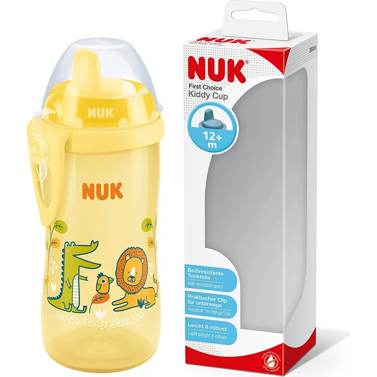 NUK First Choice Kiddy Cup Trinklernbecher | 12+ Monate | auslaufsichere | beißresistenter Trinkschnabel | Clip & Schutzkappe | 300 ml | BPA-frei | Krokodil (gelb), 10255670 – Bild 1