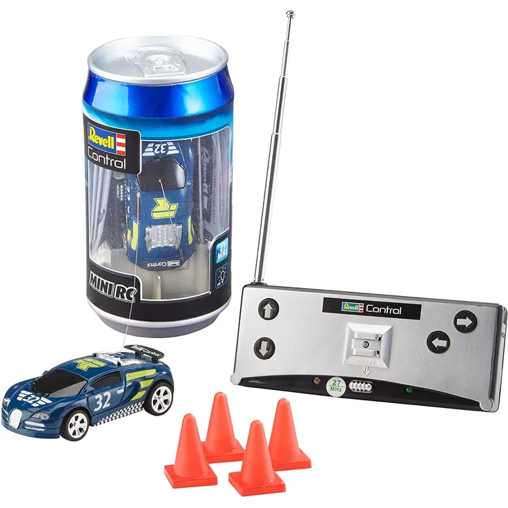 Revell Control 23561 Mini RC Racing-Car aus der Dose mit 27MHz-Fernsteuerung inkl. Ladefunktion, LED-Licht, kurze Ladezeit, lange Fahrzeit kleines ferngesteuertes Auto, Sportwagen
