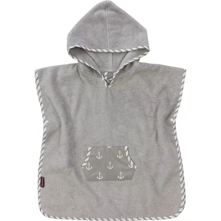 Puckdaddy Badeponcho Greta – 57x84 cm, Baby-Poncho mit Kapuze mit Anker Muster in Grau, flauschiger Kapuzenbademantel aus 100% Baumwolle Frottee, Badehandtuch bis 5 Jahre
