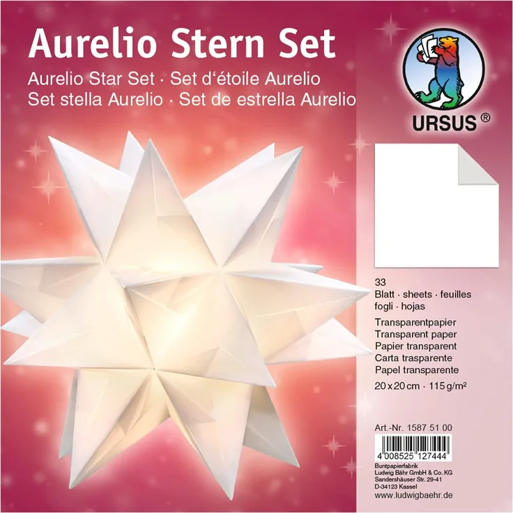Ursus 15875100 - Faltblätter Aurelio Stern uni, weiß, 33 Blatt, aus Transparentpapier 115 g/qm, ca. 20 x 20 cm, einseitig bedruckt, ideal als zeitlose, elegante Wohndekoration