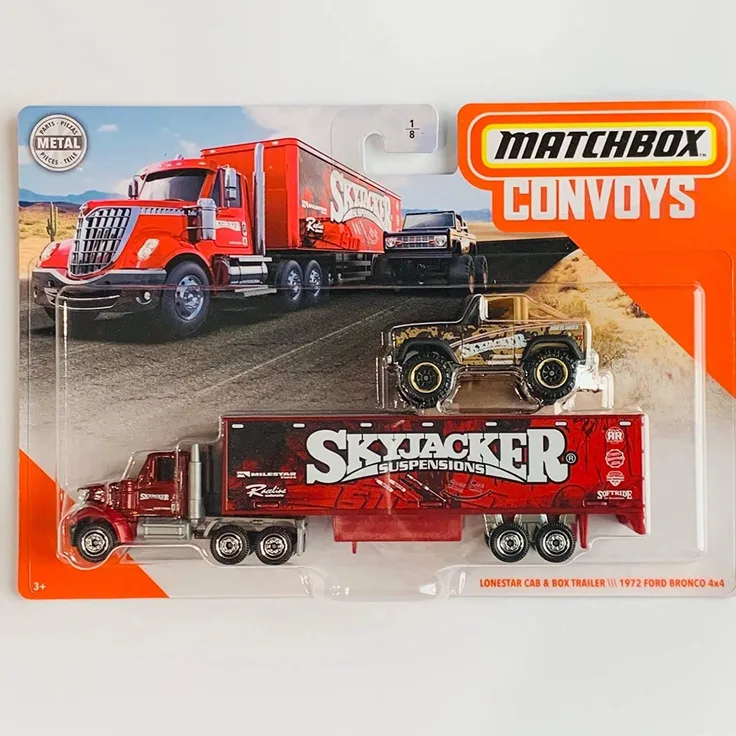 Mattel GMD05 Matchbox Convoys Tesla Semi & Pipe Trailer Gabelstapler, gelb Spielzeugtruck mit AnhÃ¤nger