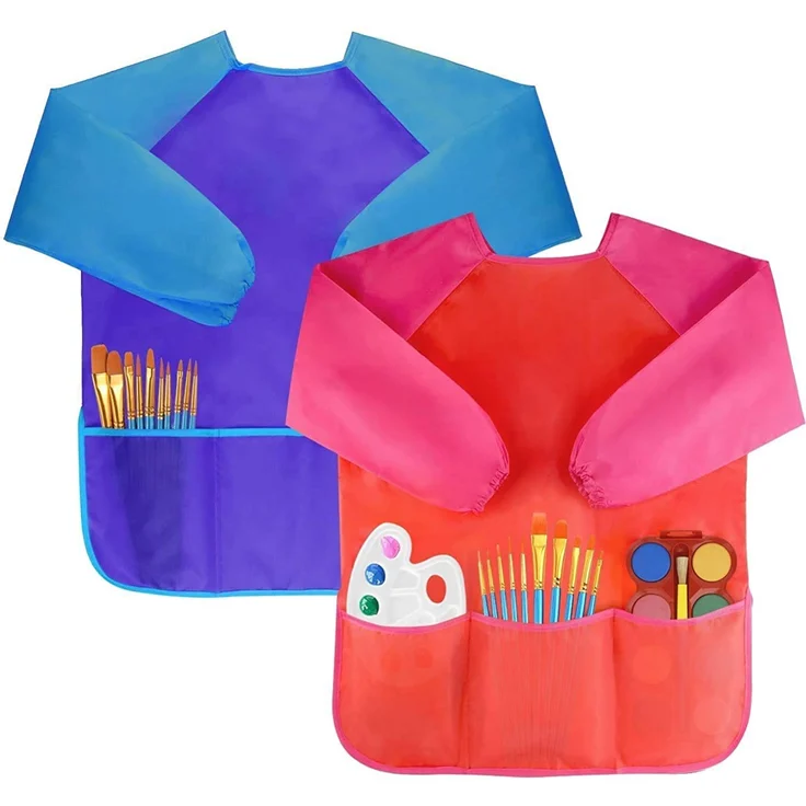 Amaza 2Pcs Malschürze Kinder Malkittel Bastelschürze 2-8 Jahre Langarm mit Klettverschluss (Blau & Rot) – Bild 1