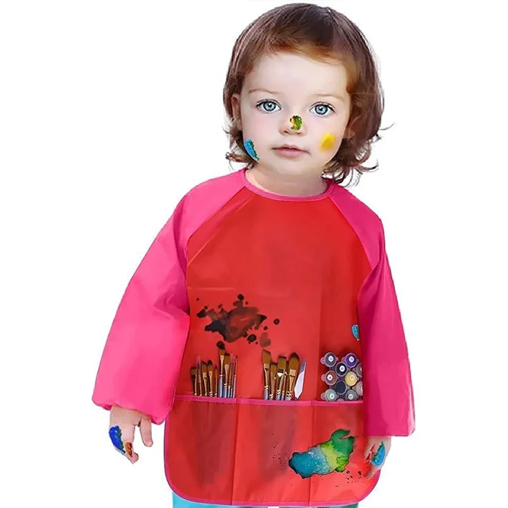 Amaza 2Pcs Malschürze Kinder Malkittel Bastelschürze 2-8 Jahre Langarm mit Klettverschluss (Blau & Rot) – Bild 7