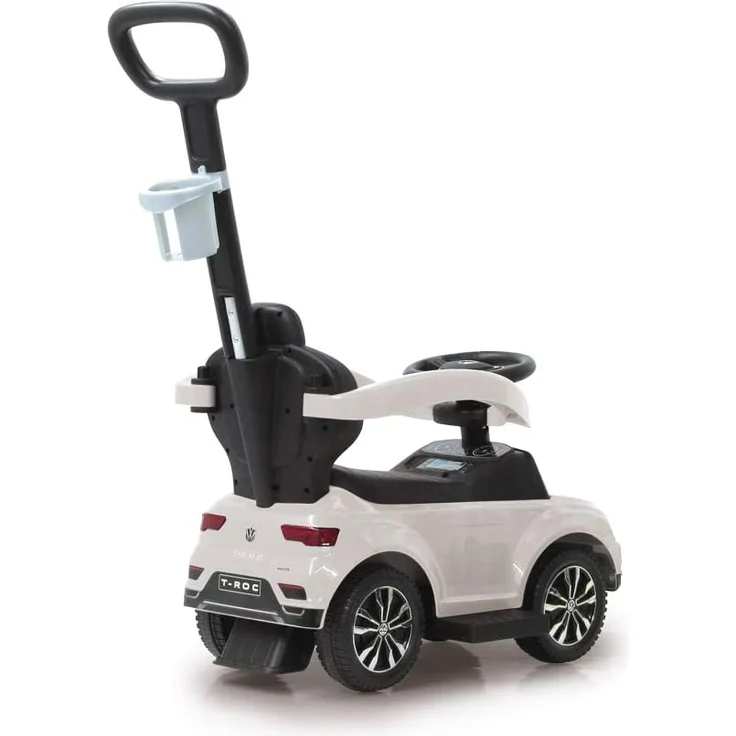 Jamara 460463 Rutscher VW T-ROC 3in1-Kippschutz, Kofferraum, Schub-und Haltestange mit Lenkfunktion, Rückenlehne, seitlichen Schutzbügel, ausziehbare Fußauflage, Sound/Hupe am Lenkrad, weiß, 84 x 40 x 87 cm, ab 6 Monaten – Bild 6